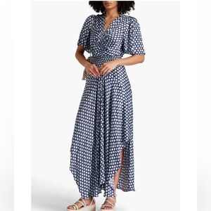 MAJE Asymmetric printed satin maxi dress